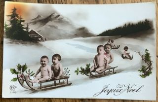 Vintage French Postcard Christmas Children On Wooden Sled Antique Joyeux Noel
