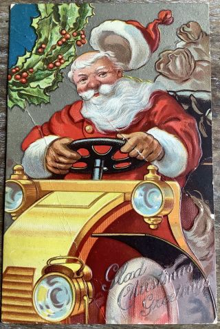 Vintage Christmas Postcard Santa Claus Driving Antique Car Flaws Creases