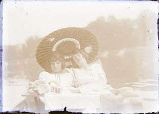 Vintage Negative C1920 - 30 Ladies In Punt With Parasol 1/8 Plate Glass Negative