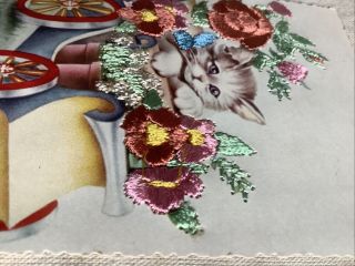 Vintage Cat Kitten Postcard Spanish Embroidered Flowers Congratulations 2