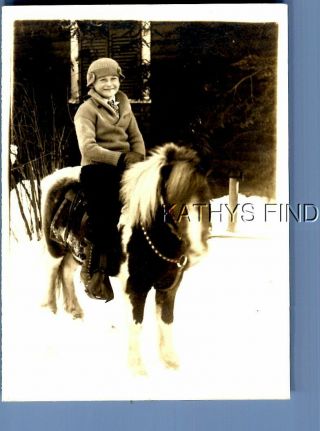 Found Vintage Photo G,  9568 Boy Sitting On Pony In The Snow