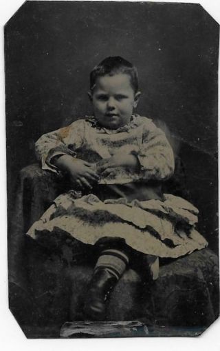 Tintype Photo T272 Chubby Faced Boy W/ Short Hair Posing In Dress W/ Boots