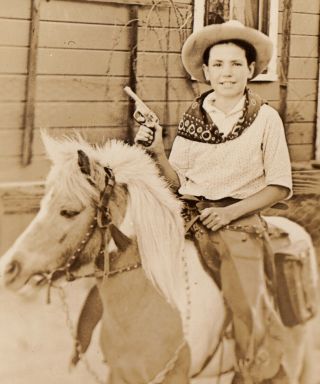 Cowboy Costume Chaps Boy W Toy Gun On Rental Pony 1930s Vintage Photo
