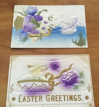Vintage Antique Easter Chicks Swan Embossed Metallic 1909 Greeting Post Cards