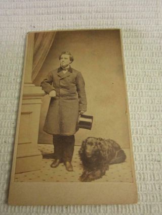 Antique Cdv Photo Of A Victorian Era Man Holding Top Hat Posing W/large Dog