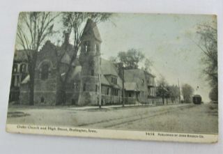 Vintage 1909 Rppc Of Christ Church And High Street Burlington,  Iowa
