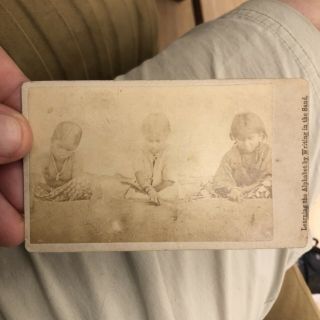 Rare Cdv Photo 1870’s Poor East Indian Ethnic Children Writing In The Sand