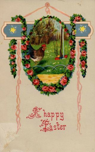 Gel Easter Greetings Hen With Eggs Vintage Postcard
