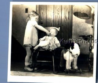 Found Vintage Photo C,  1886 Little Girl In Dress By Baby Doll In Chair