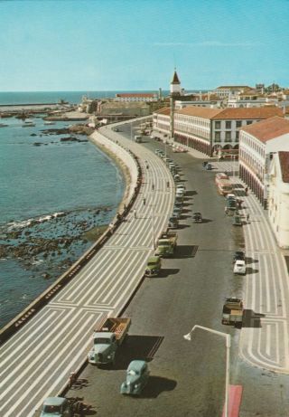 Vintage Rppc Postcard S.  Miguel Azores Ponta Delgada Sea Promenade Classic Cars