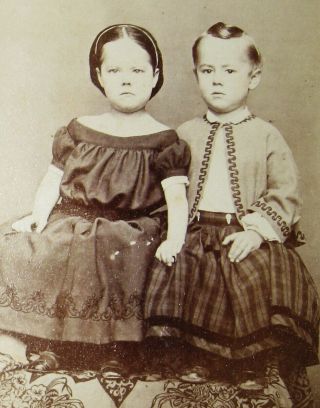 Antique Cw Era Cdv Photo Darling Boy & Girl Wearing Pretty Dresses Dover Maine