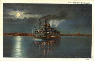 Night Scene On Ohio River City News Agency Linen Postcard Vintage Post Card