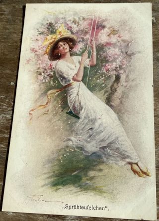 Vintage Artist Signed Postcard F.  Aveline Pretty Lady On Swing Hat Yellow Ribbon