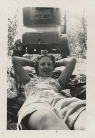 Vintage Photo Woman Wearing Tiny Hat? Laying On Blanket Behind Car 1930s - 40s
