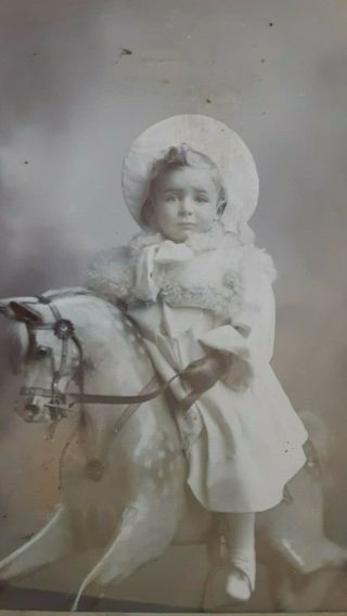 Cabinet Card Adorable Little Boy On Rocking Horse Coat Hat Gloves