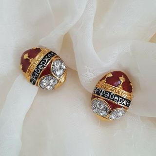 Vintage Rare Joan Rivers Russian Crystal Enamel Egg Clip Earrings