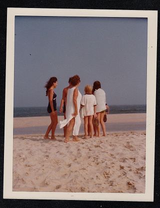 Vintage Photograph Group Of Women From Behind In Bathing Suits On Beach