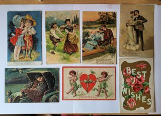Vintage Postcards,  Couples,  Valentine,  Embossed,  German,  Flowers,  Cupid,  Antique