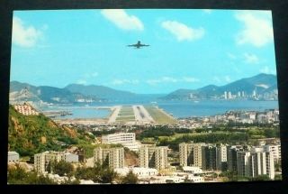 Vintage 4x6 Postcard Plane Landing Kai Tak Airport Hong Kong As Seen From Road