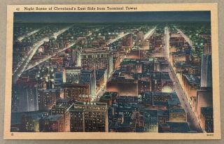 Vintage Postcard Night Scene Cleveland Ohio East Side From Terminal Tower Linen