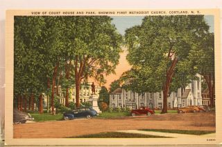 York Ny Cortland First Methodist Church Court House Park Postcard Old View