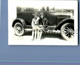 Found Vintage Photo G,  8832 Pretty Women In Dresses Sitting On Car Running Board