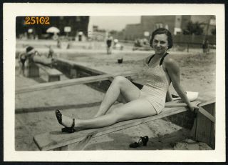 Sexy Woman Smiling In Swimsuit,  Legs,  Vintage Photograph,  1930 
