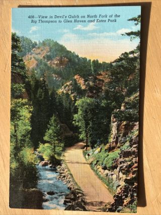 Vintage View In Devils Gulch Estes Park Colorado Postcard North Fork Glen Haven