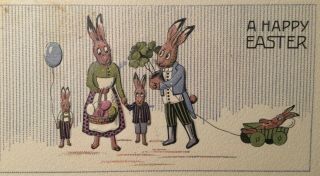 Vintage Easter Fantasy Postcard,  Anthropomorphic Bunny Rabbit Family,  Germany
