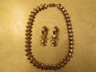 Rare Vintage Pennino Rhinestone Gold Tone Necklace And Earrings