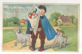 A Happy Easter To You,  Man With Puppy Dogs,  Eggs Vintage Easter Postcard