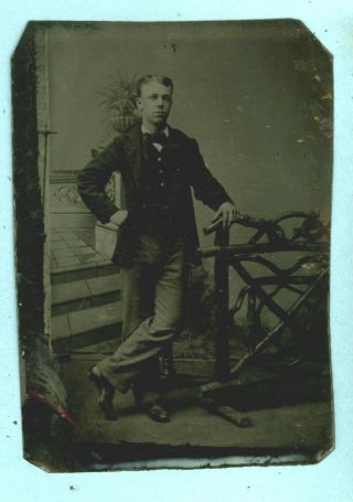 Vintage,  Tintype,  Studio Photo Of A Gentlemen,  Standing By Fence 2 1/2 " X 3 1/2 "