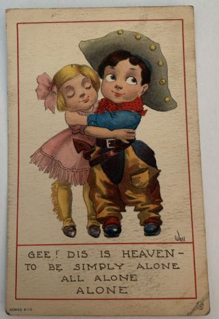 Vintage Postcard Cute Comic Kids Cowboy Child Romance Heaven Wall Post Card