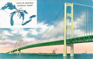Vintage Mackinac Bridge Michigan Shini - Color Postcard 1958 Postmark