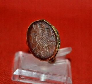Rare Ancient Roman Silver Signet Eagle Seal Ring Intaglio Carnelian Orange Stone