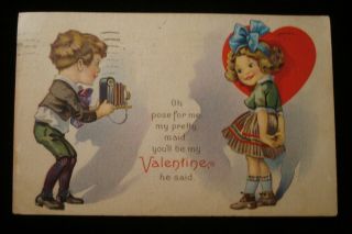 Vtg Stecher Valentine Greeting Pc,  Children,  Girl Posing For A Photo,  Boy Camera