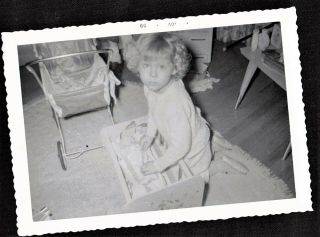 Antique Vintage Photograph Cute Little Girl Playing W/ Doll In Small Cradle