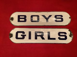 Vintage Boys & Girls Restroom Sign Porcelain White Blue Antique 10”x 2.  5”in.  Rare
