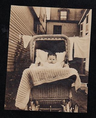 Vintage Antique Photograph Cute Baby Sitting In Wicker Carriage On Laundry Day