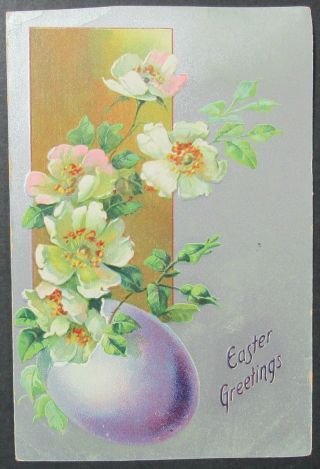 Easter Greetings Egg Flowers Vintage Tuck Embossed Postcard Posted 1910