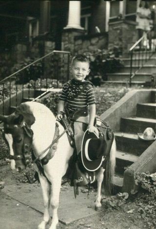 Smiling Little Boy W Cowboy Hat On Shetland Pony Antique Vintage Photo