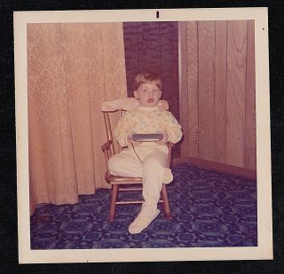 Vintage Photograph Cute Little Boy Sitting In Small Rocking Chair In Living Room