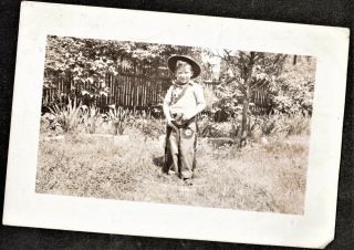 Antique Vintage Photograph Adorable Little Boy In Cowboy Outfit Standing In Yard