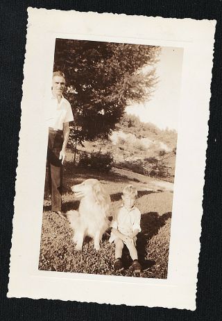 Vintage Antique Photograph Man With Little Boy Sitting With Adorable Puppy Dog