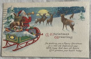 Vintage Christmas Postcard Santa Claus Reindeer Rocking Horse Bugle