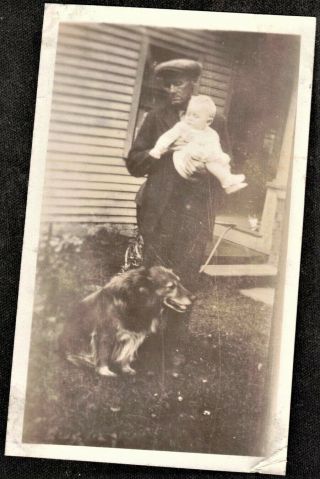 Vintage Antique Photograph Man Standing In Yard With Baby & Cute Puppy Dog