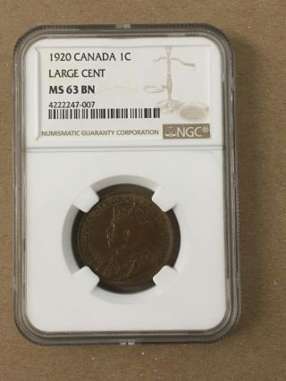 Canada Canadian Large Cent Penny George V Ngc Ms 63 1920 Rare