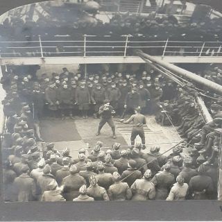 Vintage Stereoview Boxing Bout Aboard A Transport Keystone View Co V19239