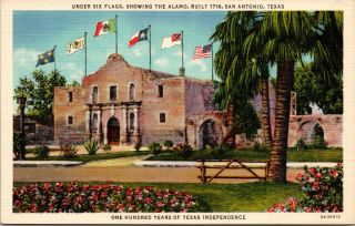 Vintage Linen Postcard - Under Six Flags,  Showing The Alamo San Antonio Tx A19