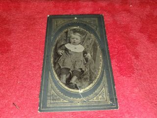 Antique 1800s Tin Type Photograph Of Baby Girl In Cute Dress And Boots